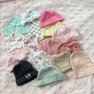 16 Assorted Baby Beanies Set newborn- 3 months